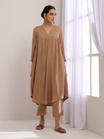 Thumbnail for trueBrowns Beige Dobby Gathered Kurta Pant Set - Distacart