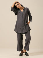 Thumbnail for trueBrowns Slate Grey Slub Texture Collar Short Co-Ord Set - Distacart