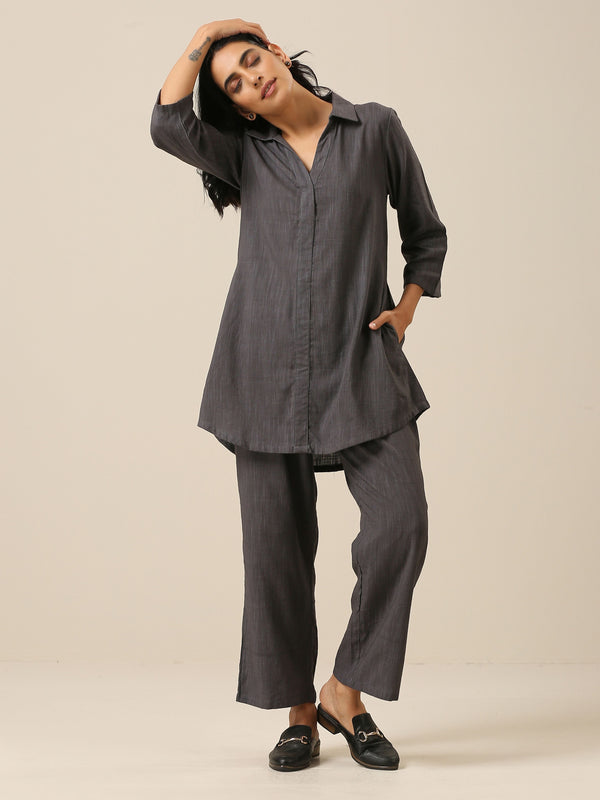 trueBrowns Slate Grey Slub Texture Collar Short Co-Ord Set - Distacart