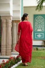 Thumbnail for The52 Gajari Red Embroidered Chanderi Fabric Straight Kurta, Pant and Dupatta Set