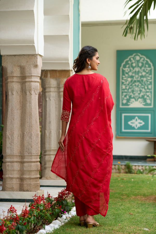 The52 Gajari Red Embroidered Chanderi Fabric Straight Kurta, Pant and Dupatta Set