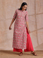 Thumbnail for trueBrowns Pink Brown Overall Floral On White Block Print Cotton Slit Kurta Pant Set - Distacart
