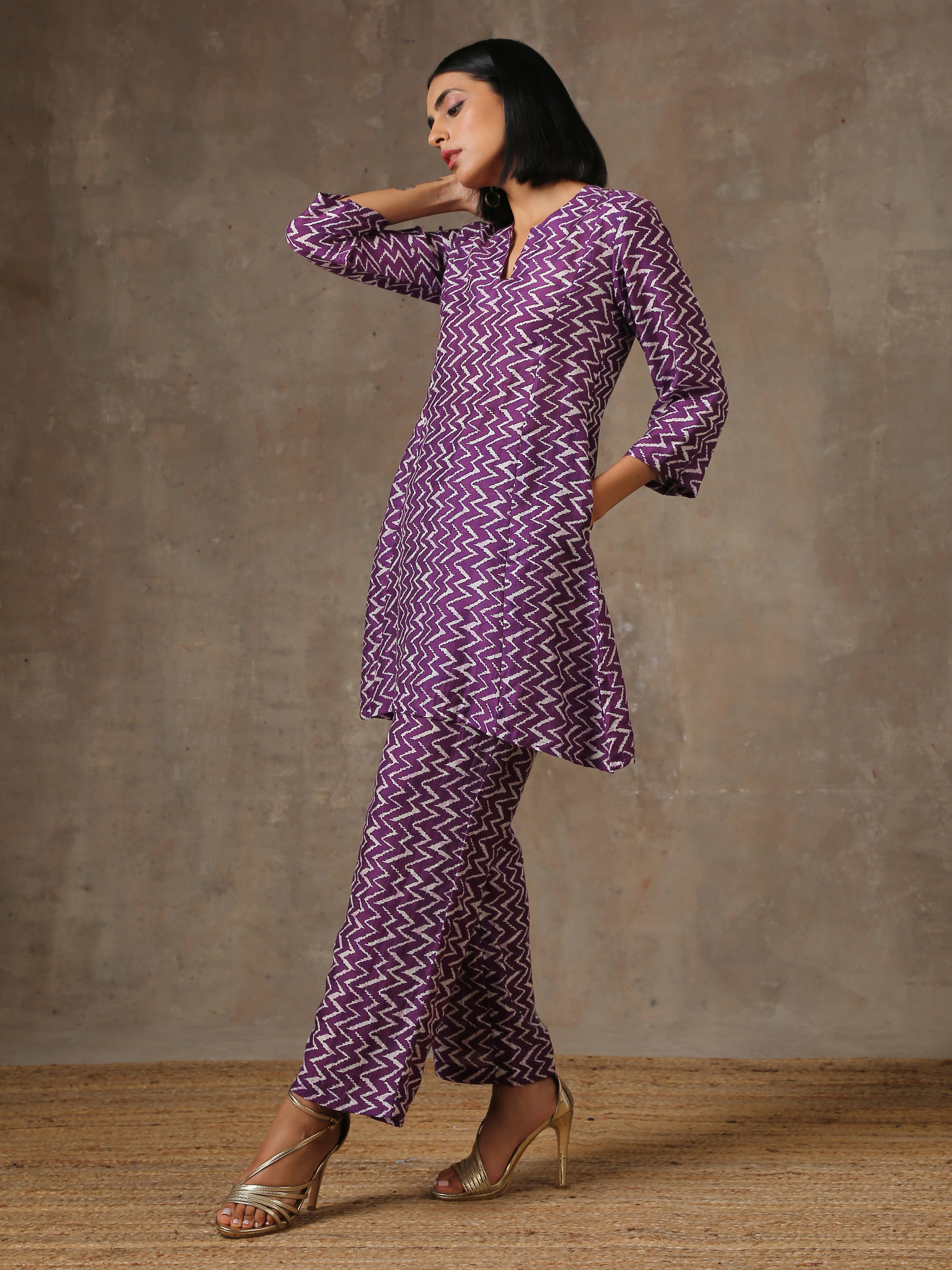 trueBrowns Purple White Lehariya Printed Silk Co-Ord Set - Distacart
