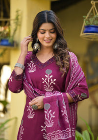 Thumbnail for NOZ2TOZ Women Purple Printed Viscose Rayon Kurta, Pant And Dupatta Set