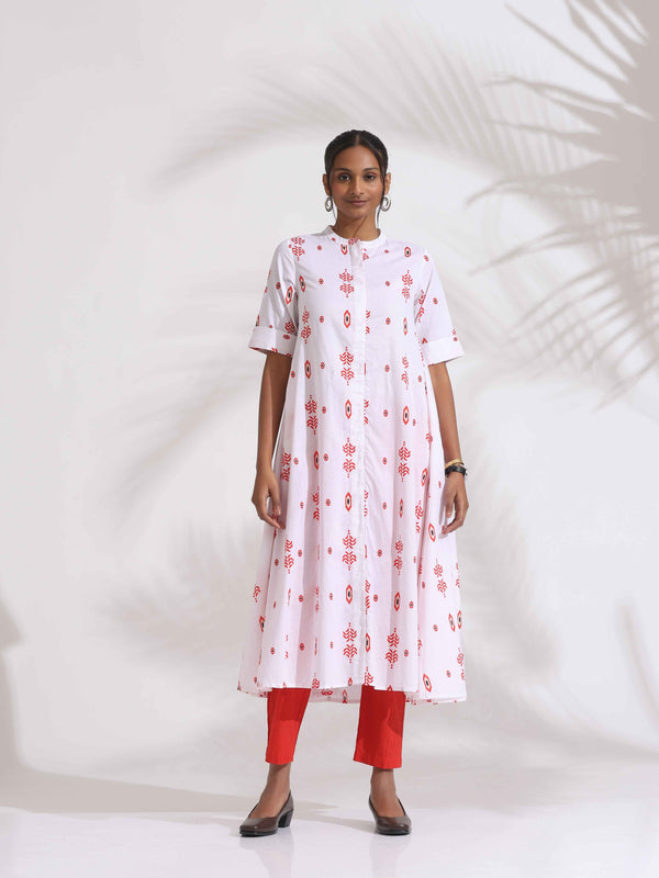 trueBrowns White Cotton Print Flared Kurta Set - Distacart