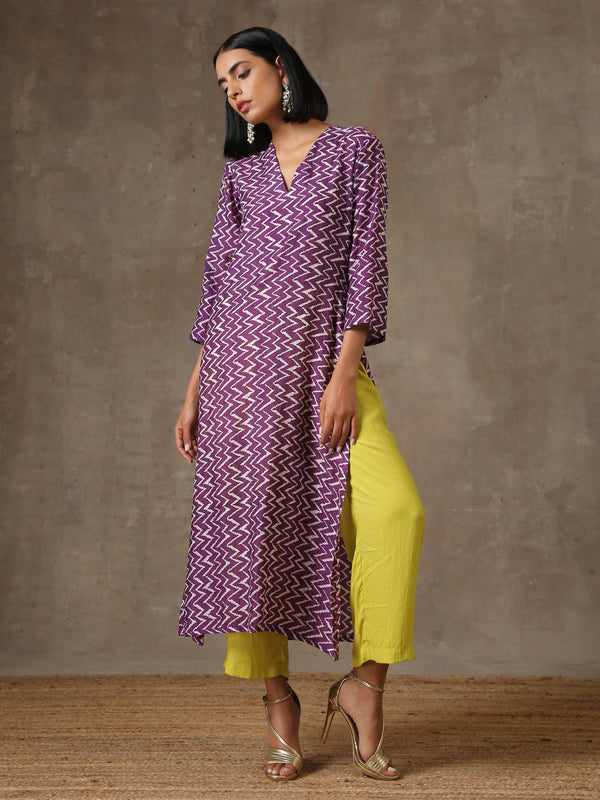 trueBrowns Purple White Lehariya Printed Silk kurta Pant Set - Distacart