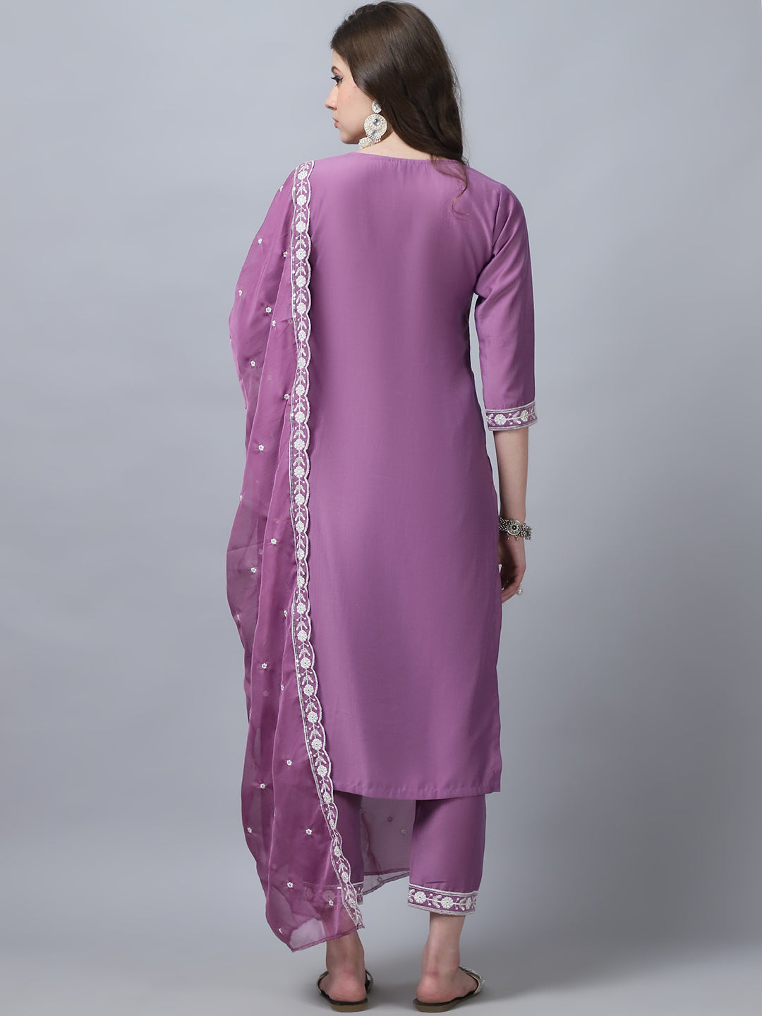 Indian Fashion Women Pink Embroidery silk Kurta, Pant And Dupatta Set