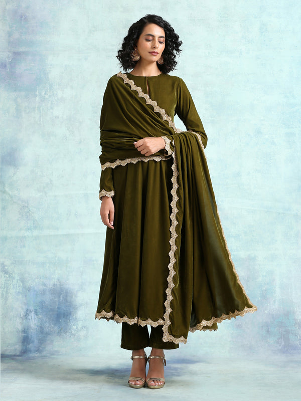 trueBrowns Mehandi Velvet Lace Shawl - Distacart