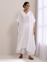 Thumbnail for trueBrowns White Dobby Panel Kaftan Kurta Pant Set - Distacart