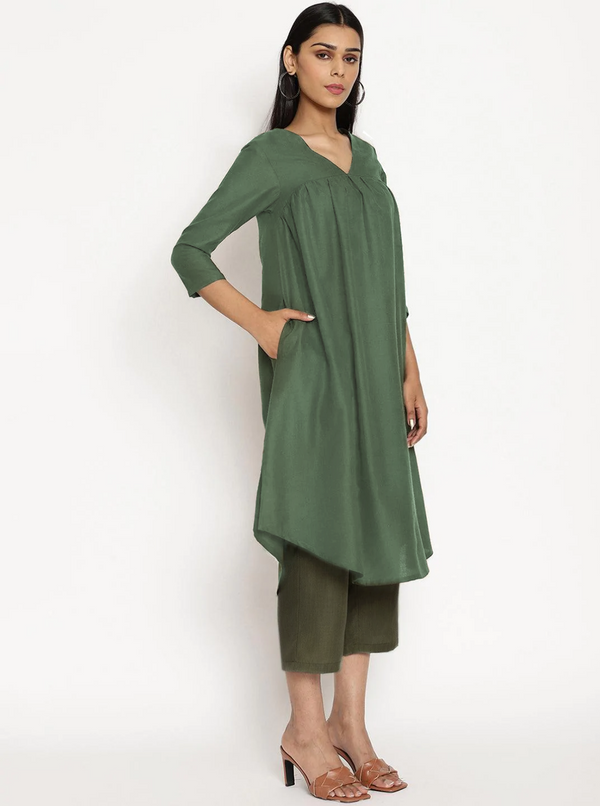 trueBrowns Cotton Linen Light Green Gathered Kurta Pant Set - Distacart