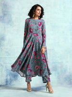 Thumbnail for trueBrowns Grey Printed Velvet Anarkali Kurta - Distacart