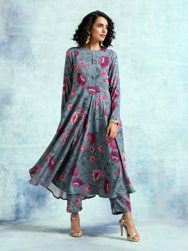 trueBrowns Grey Printed Velvet Anarkali Kurta - Distacart