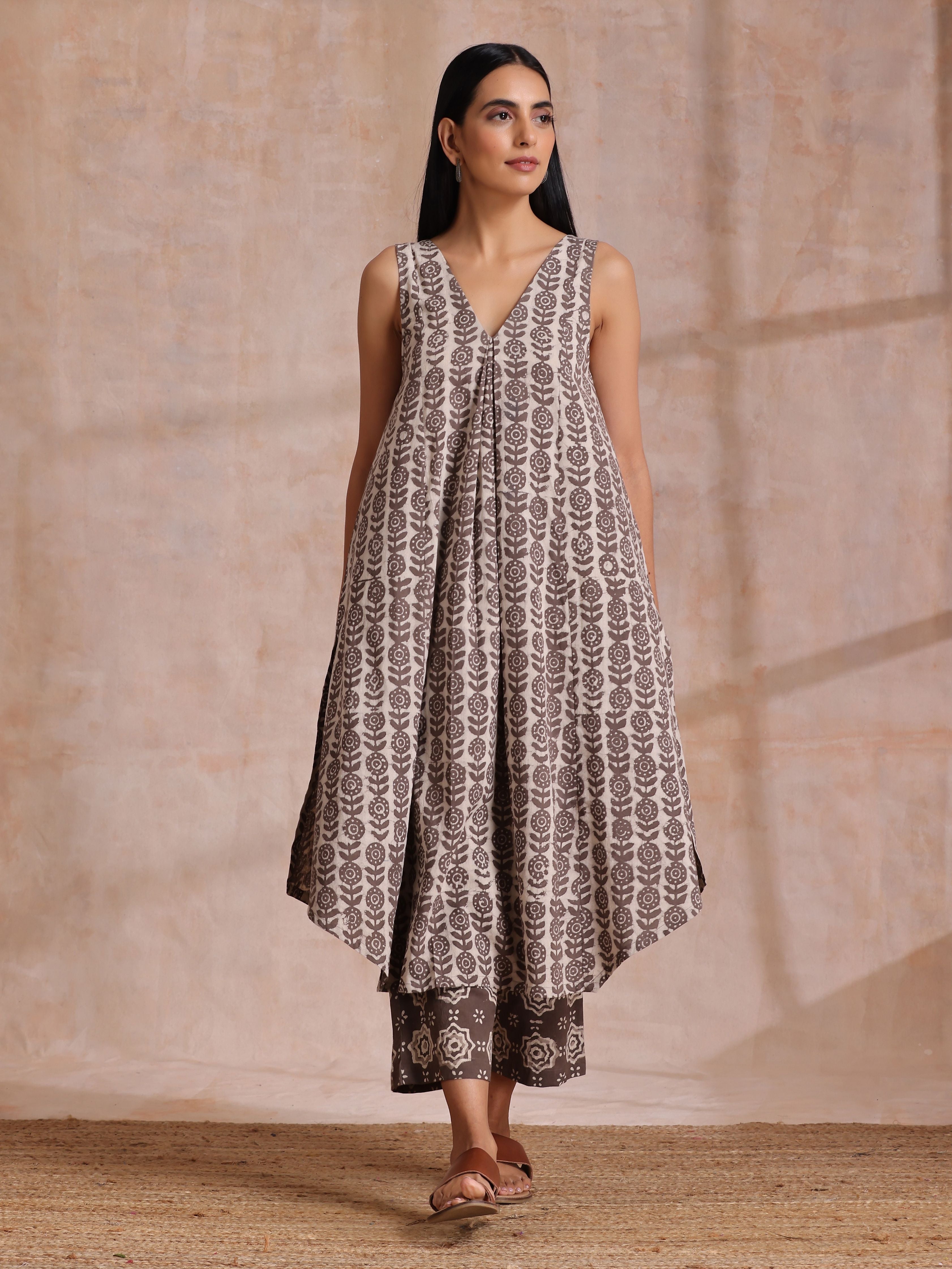 trueBrowns Clay Dabu Buta Print Cotton Sleeveless Flared Kurta Pant Set - Distacart
