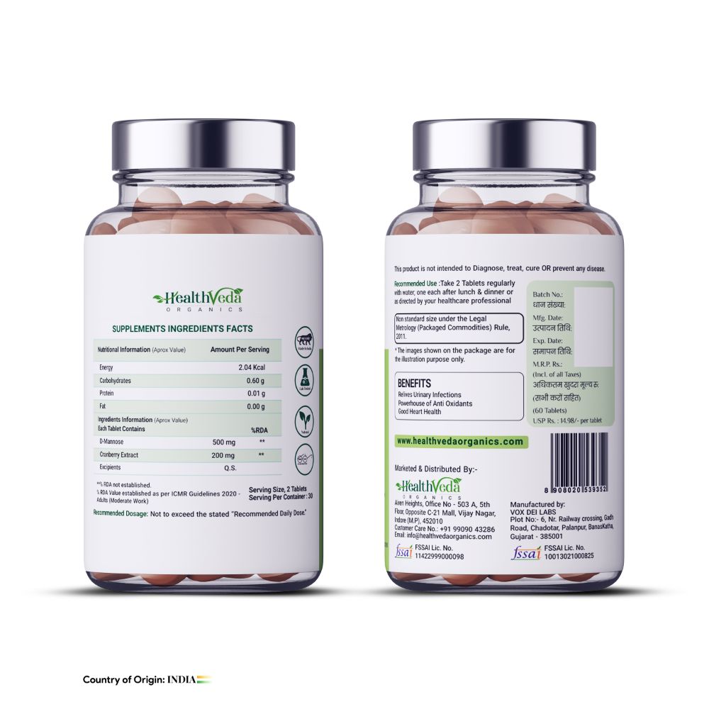 Health Veda Organics D-Mannose + Cranberry Extract Tablets - Distacart