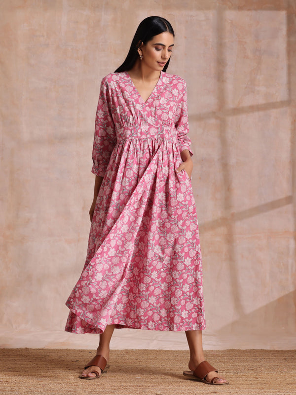 trueBrowns Pink Overall Floral Block Print Cotton Wrap Dress - Distacart