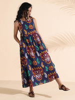 Thumbnail for trueBrowns Purple Cotton Ikat Flared Dress - Distacart
