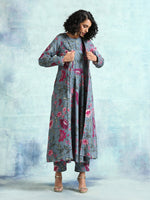 Thumbnail for trueBrowns Grey Printed Velvet Overlay Jacket - Distacart