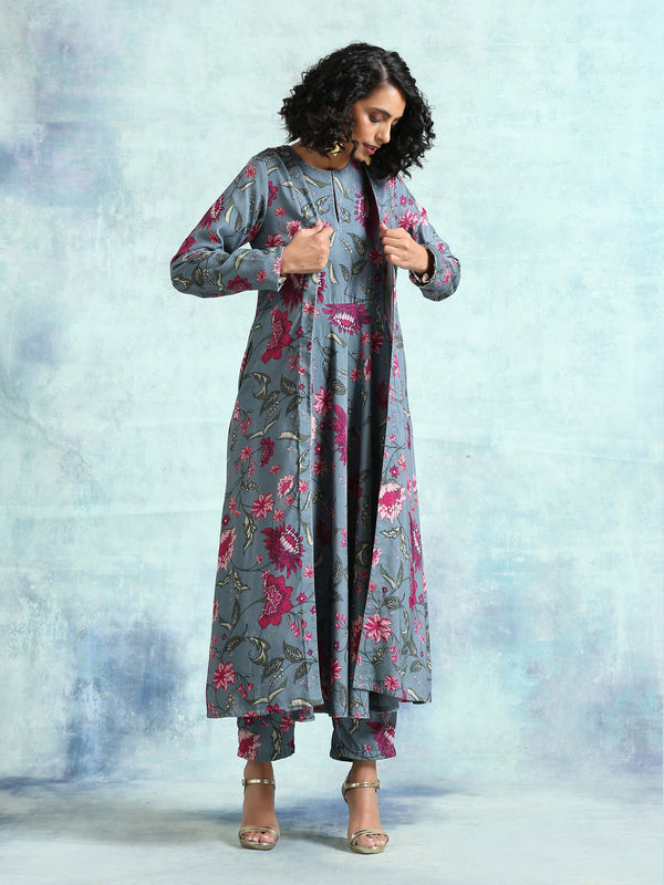 trueBrowns Grey Printed Velvet Overlay Jacket - Distacart