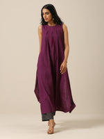 Thumbnail for trueBrowns Plum Purple Slub Texture Sleeveless Kurta Pant Set - Distacart