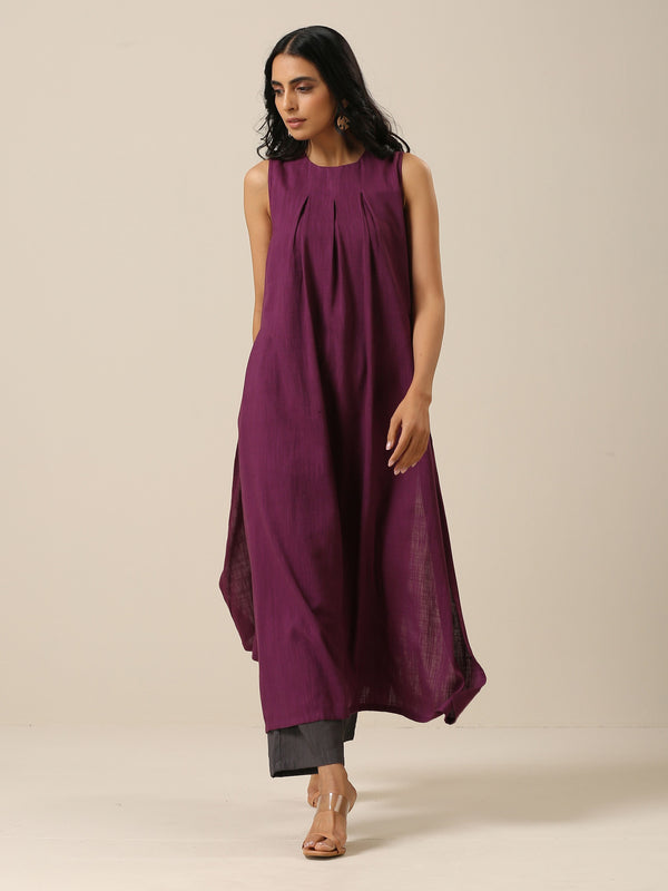 trueBrowns Plum Purple Slub Texture Sleeveless Kurta Pant Set - Distacart