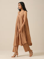 Thumbnail for trueBrowns Beige Slub Texture Sleeveless Flared Kurta Pant Set - Distacart