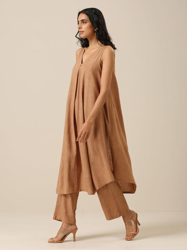 trueBrowns Beige Slub Texture Sleeveless Flared Kurta Pant Set - Distacart