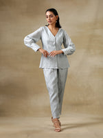 Thumbnail for trueBrowns Grey Bandhani Printed Silk Front Open Short Co-Ord Set - Distacart