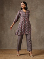 Thumbnail for trueBrowns Grey Pink Floral Printed Silk Co-Ord Set - Distacart