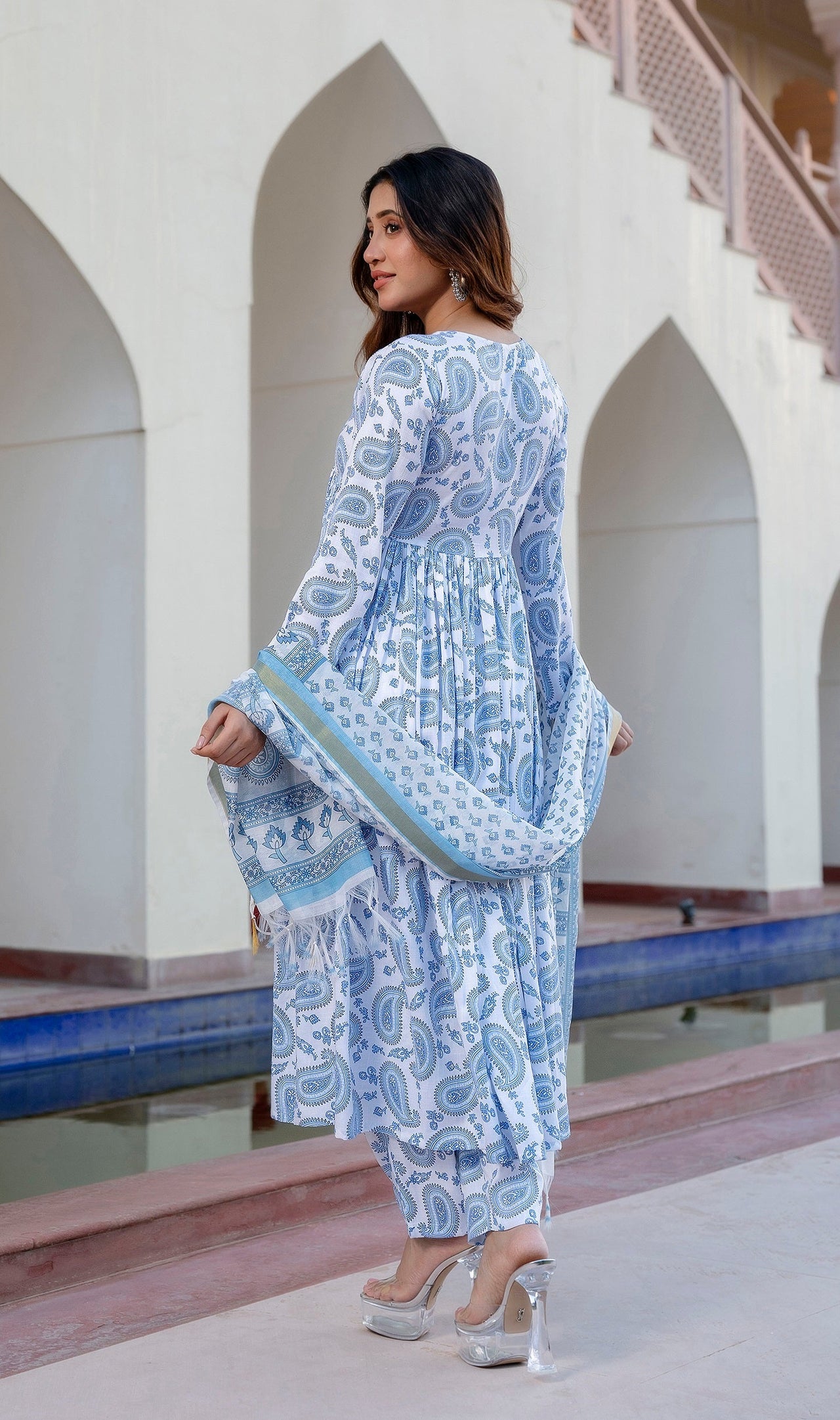 NOZ2TOZ Women Sky Blue Printed Viscose Rayon Kurta, Pant And Dupatta Set