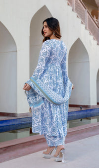 Thumbnail for NOZ2TOZ Women Sky Blue Printed Viscose Rayon Kurta, Pant And Dupatta Set