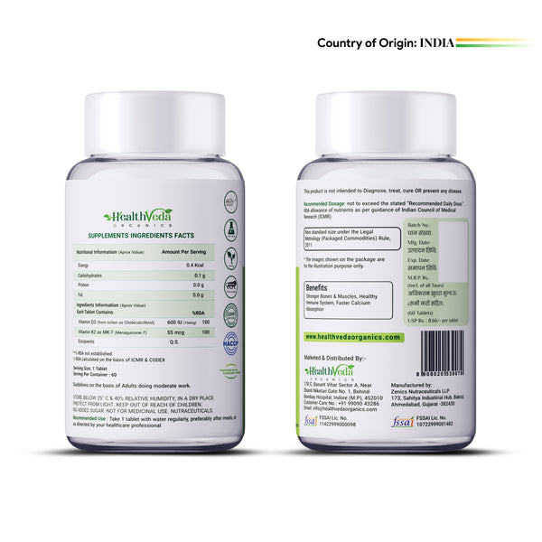 Health Veda Organics Vitamin D3 + K2 Healthy Bones Tablets - Distacart