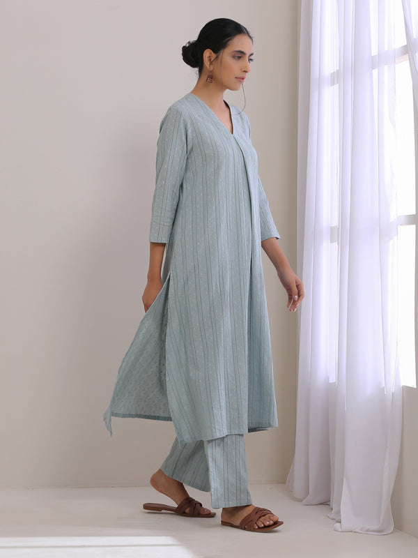 trueBrowns Eggshell Blue Dobby Neck Pleat Kurta Pant Set - Distacart