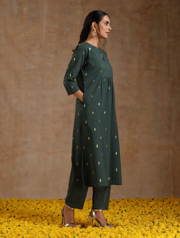 trueBrowns Dark Green Gold Cotton Yoke Kurta Set - Distacart