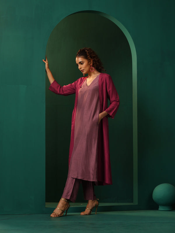 trueBrowns Maroon Light Mauve Silk Jacket Kurta Set - Distacart