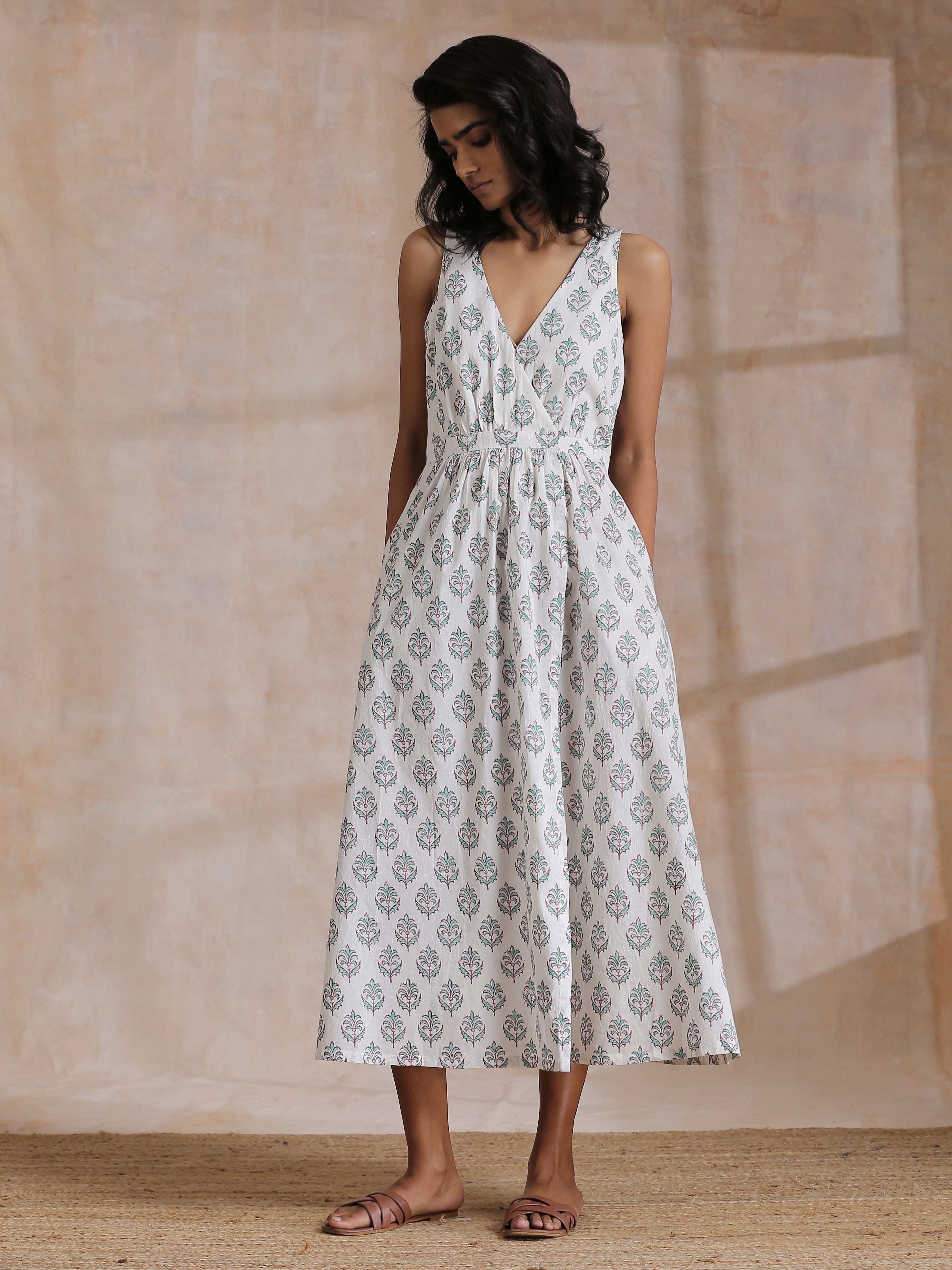 trueBrowns Green Buta On White Block Print Cotton Sleeveless Wrap Dress - Distacart