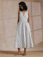 Thumbnail for trueBrowns Green Buta On White Block Print Cotton Sleeveless Wrap Dress - Distacart