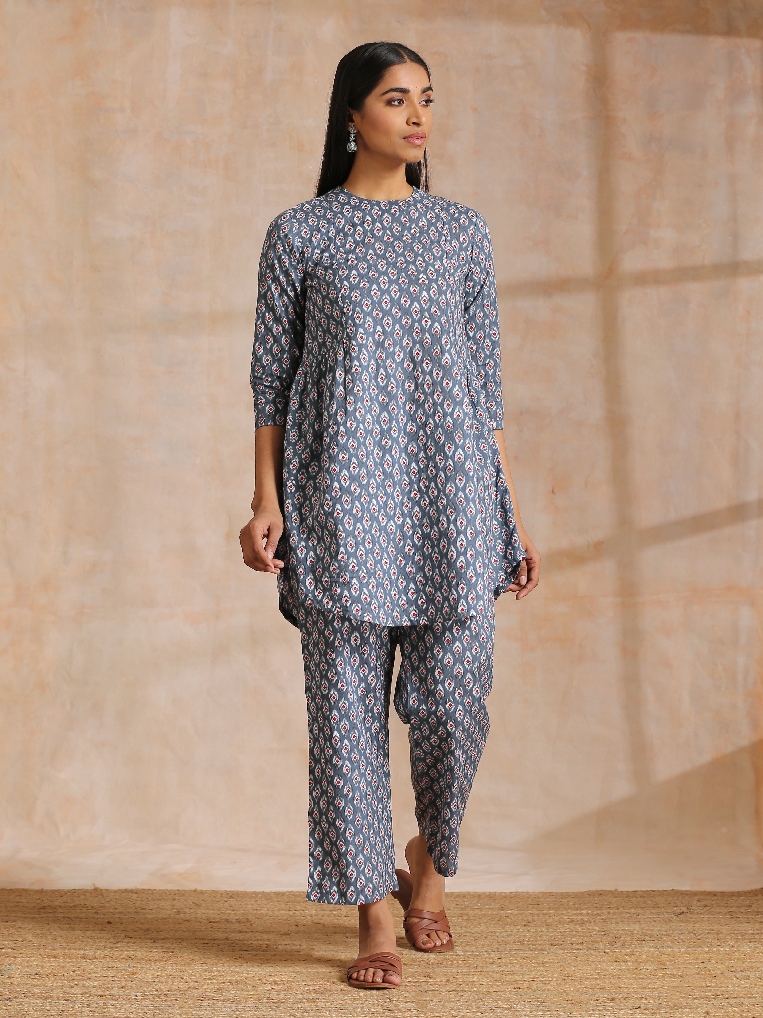 trueBrowns Steel Grey Ikat Print Cotton Gathers Co-Ord Set - Distacart