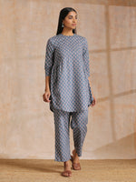 Thumbnail for trueBrowns Steel Grey Ikat Print Cotton Gathers Co-Ord Set - Distacart