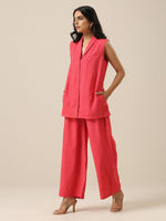 Thumbnail for trueBrowns Bright Pink Slub Texture Sleevesless Jacket Pant Set - Distacart