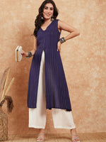 Thumbnail for InWeave Royal Blue Lurex V-Neck W/S Front Slit Kurta Pant Set - Distacart