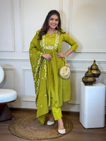 Thumbnail for The52 Women's Gorgeous Chinon Embroidery Straight Kurta with Pant And Dupatta Set