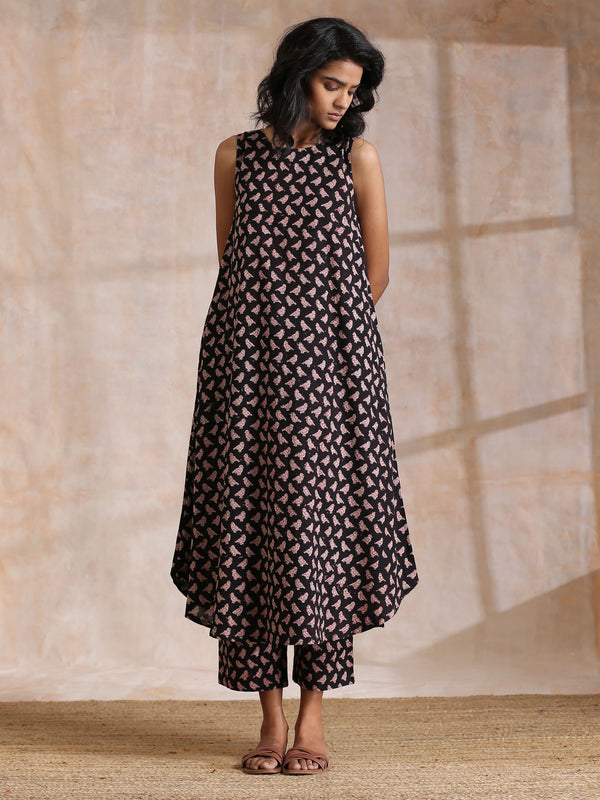 trueBrowns Black Bird Bagru Print Cotton Sleeveless Kurta Pant Set - Distacart