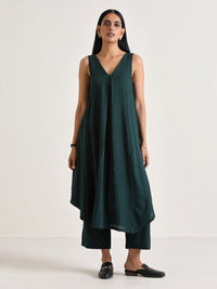 Thumbnail for trueBrowns Dark Green Sleeveless Flared Kurta Pant Set - Distacart