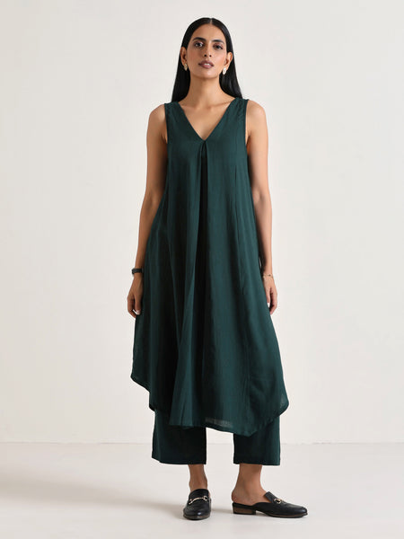 trueBrowns Dark Green Sleeveless Flared Kurta Pant Set - Distacart