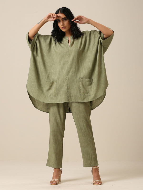 trueBrowns Sage Slub Texture Boxy Fit High Low Co-Ord Set - Distacart