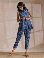 Thumbnail for trueBrowns Indigo Dabu Zig-Zag Motifs Print Cotton Sleeveless Co-Ord Set - Distacart