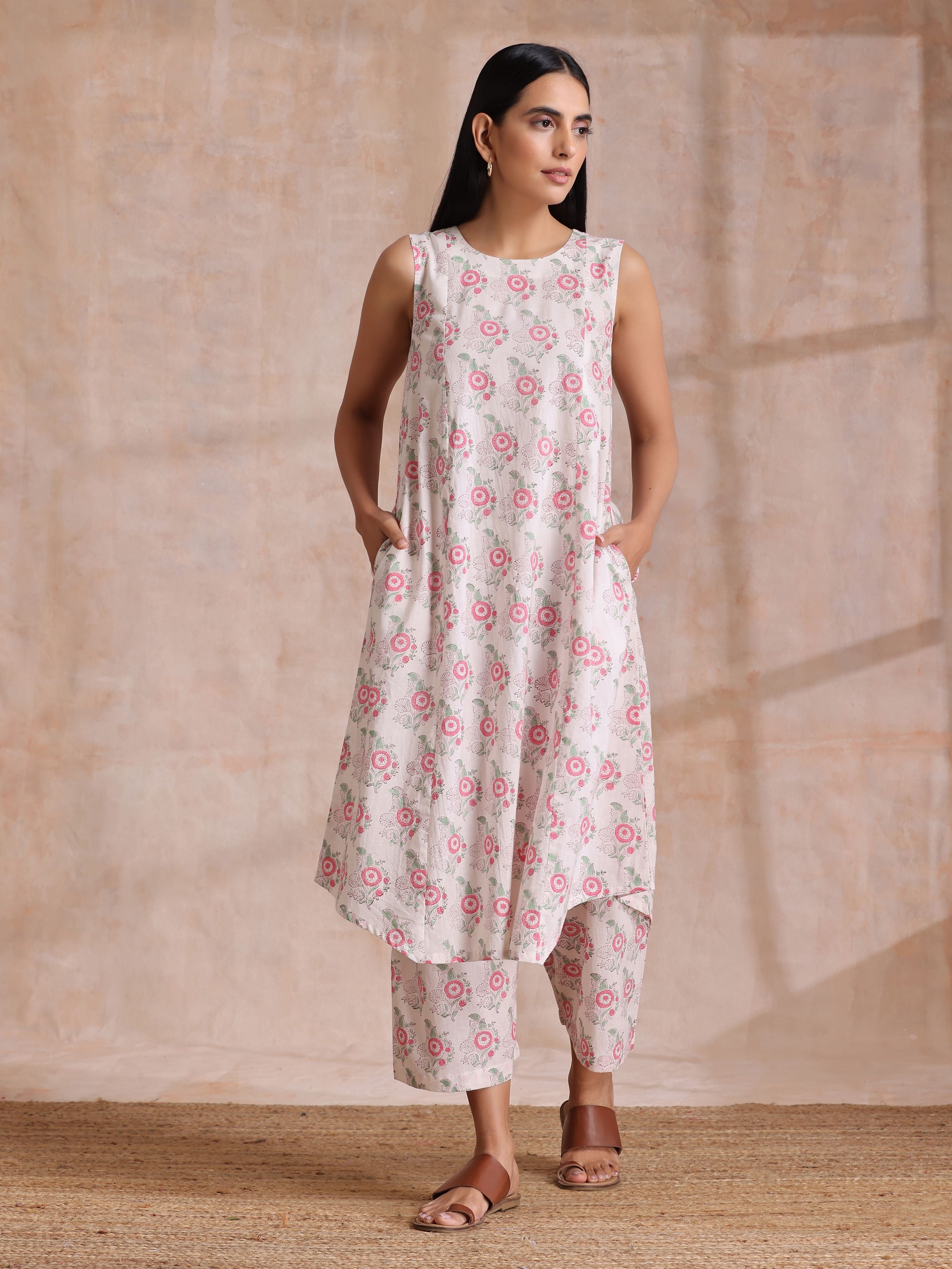 trueBrowns Pink Green Buta On White Block Print Cotton High-Low Co-Ord Set - Distacart