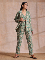 Thumbnail for trueBrowns Fern Green Overall Floral Block Print Cotton Pant Suit Set - Distacart