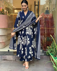 Thumbnail for Indian Fashion Women's Viscose Blue Straight Kurta And Pant Set With Dupatta
