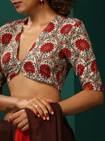 Thumbnail for trueBrowns Ivory Red Circle Floral Muslin Silk Printed Deep V-Neck Blouse - Distacart